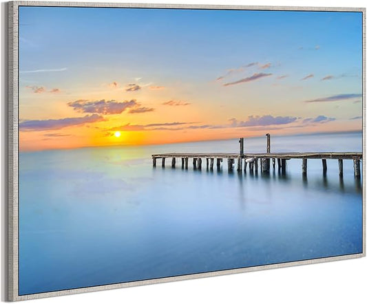 Canvas Wall Art Ocean Picture: Living Room Bedroom Large Seascape Sunset Framed Painting Sea Beach Scene Coastal Pier Print Artwork for Home Office 48 x 32 Inch
