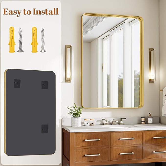Bathroom Mirror Vanity for Over Sink Wall Mirror - 24x32 Inch Rounded Corner Rectangle Aluminum Frame Mirror,Hangs Horizontally or Vertically for Living Room Bedroom or Entryway Gold
