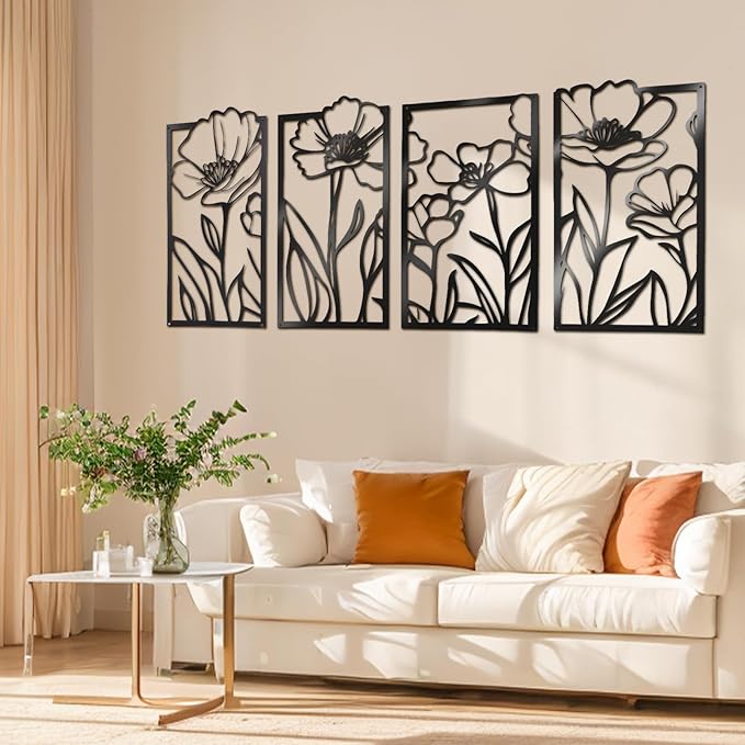 Metal Wall Art Flowers Set of 4, Framed Flower Wall Art for Living Room Bedroom Entryway, 4-Piece Floral Wall Decor, Enhance Home Ambiance with Harmonious Energy, Metal Wall Decor with Positive Vibes (Black, 32" x 17"/81x43cm, Framed)