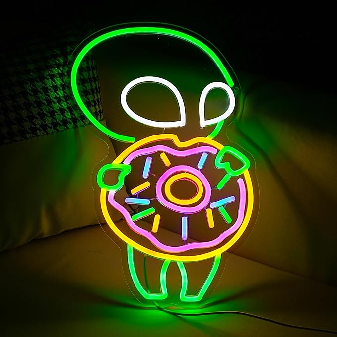 Alien Donuts Neon Sign Green Alien Neon Light for Wall Decor Donuts Led Lights Up Sign for Bedroom Dessert Shop Bakery Party Decoration Gift Fast Food Shop Cool Light Sign 16.5 * 11.4 IN