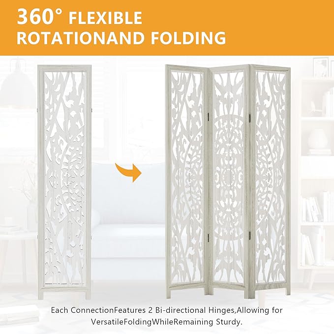 Casaphoria 3 Panels Room Divider, Folding Screen Room Divider with Carved Floral Pattern for Home Office, Restaurant and Bedroom, Paulownia Wood, 47" W x 67" H (White)