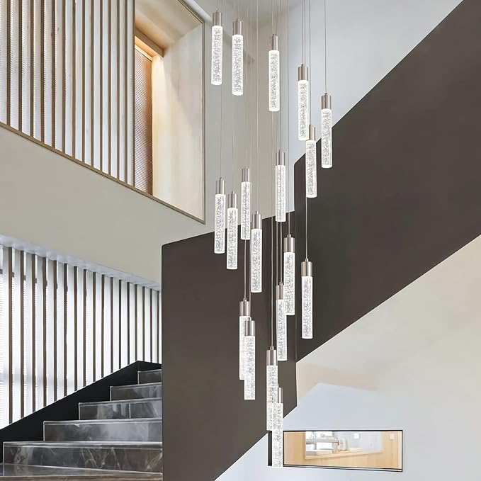 Brushed Nickel 18 Lights Large Foyer Chandeliers for High Ceilings 70 feet Long Spiral Stair Pendant Chandelier Crystal Ceiling Light Fixtures Dimmable 3000k-4000k-6000k