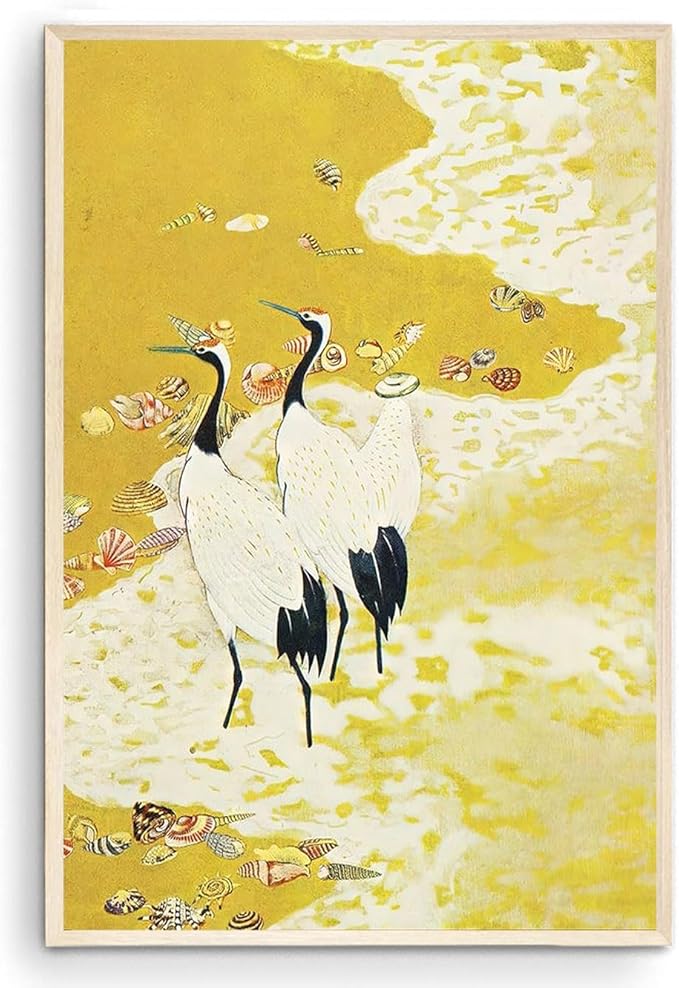 OZCONO Japanese Crane Beach Art Print, Unframed Gallery Quality Giclée Print, Yellow Coastal Bird Wall Decor with UV Resistant Inks (18L x 12W)
