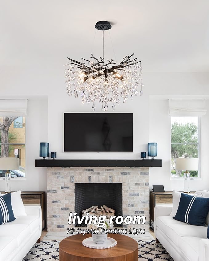 Modern Tree Branch Crystal Chandelier Luxury Blacl Crystal Pendant Lighting 23.6" Contemporary 8-Light Chandeliers for Dining Room Kitchen Bedroom Living Room