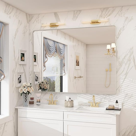 48x40 Silver Bathroom Mirrors for Vanity, Brushed Nickel Metal Silver Framed Bathroom Mirror for Wall, Rounded Rectangle Silver Mirror, Anti-Rust, Shatterproof (Horizontal/Vertical)