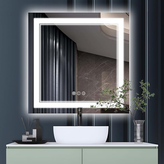36x36 inch Lighted Bathroom Mirror for Wall,Front Lighted and RGB Backlit LED Bathroom Mirror with Lights,Tempered Glass/Dimmable/Anti-Fog/Square Mirror