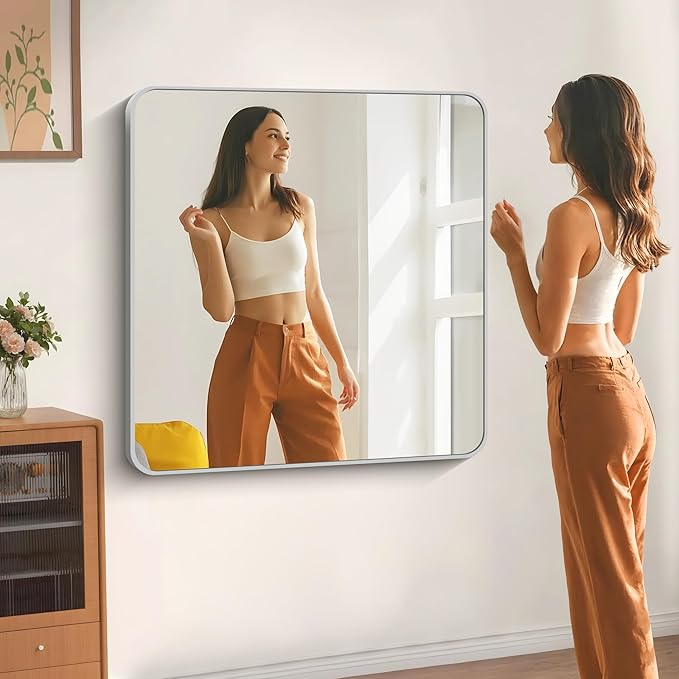 42" x 42"Bathroom Mirror, Silver Wall Mirror with Metal Frame, Decorative Rectangular Vanity Mirror for Bedroom Bathroom Living Room Entryway (Horizontal/Vertical)