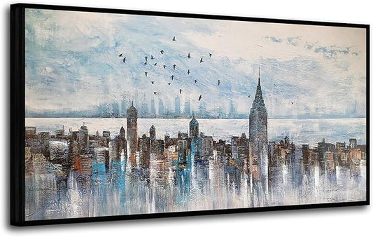 Arjun Cityscape Wall Art New York City Buildings Picture Modern Abstract Grey Skyline Birds NYC Painting Artwork for Bedroom Living Room Bathroom Home Office Decor, Large Size Black Framed 58"x29"