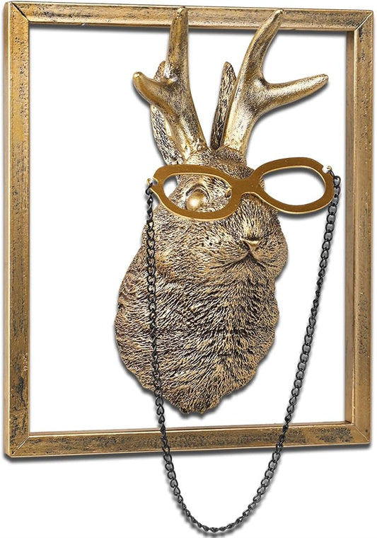 Animal Heads Wall Decor (Includes Metal Frame) Resin Animals Sculptures Head Wall Hanging Decoration Gold vintage Wall Sculpture for Living Room Bedroom Office(Jackalope)
