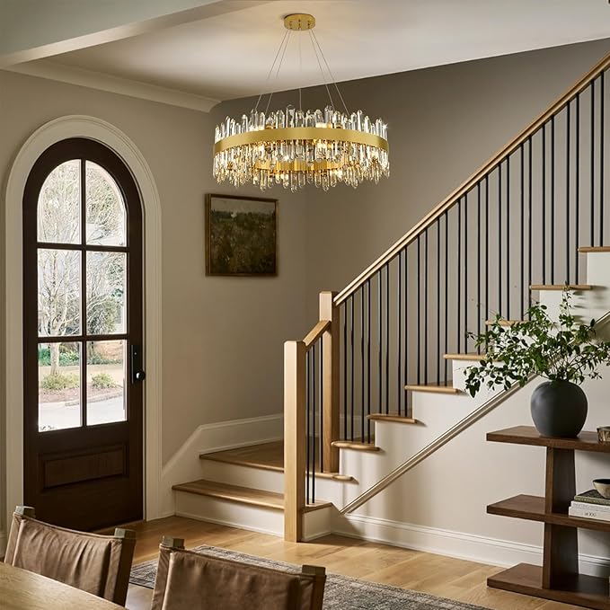 Modern Crystal Chandelier, 16-Lights Round Chandelier for Dining Room 2 Tiers, 32'' Gold Adjustable Raindrop Chandeliers for Bedroom, Dining Chandeliers Over Table for Living Room, Bathroom