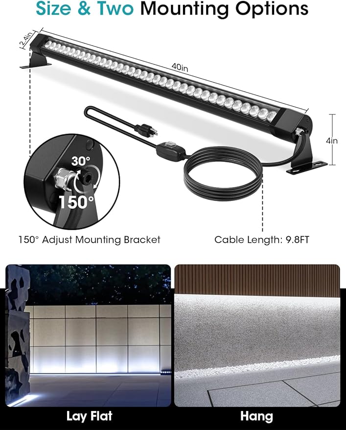 Pro-Grade 54W Outdoor Wall Washer Light Bar, 40 Inch 6000K LED Wall Washer Lights with IP67 Waterproof, Switch On/Off - 120V LED Light Bar for Outdoor (2Pack)