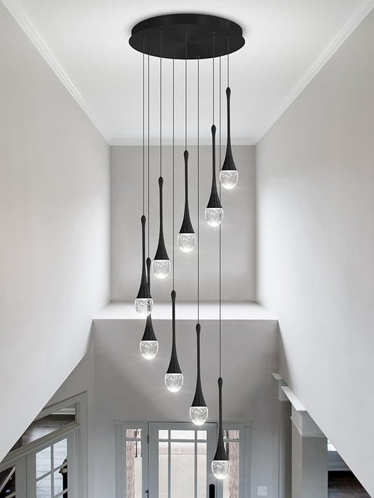 9-Lights Black Pendant Chandliers 100'' High Staircase Ceiling Chandeliers Crystal Bubble Raindrop Lighting Chandelier Ceiling Living Room Dimmable 2700-6000k LED Dining Lighting