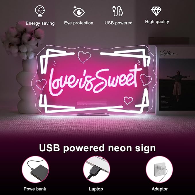 Lucunstar Love is Sweet Neon Sign,Led Light Sign for Wedding Decor Bridal Shower,USB Connectivity Led Sign with Dimming Switch for Home Wall Decor,Girls Decor,Party Room