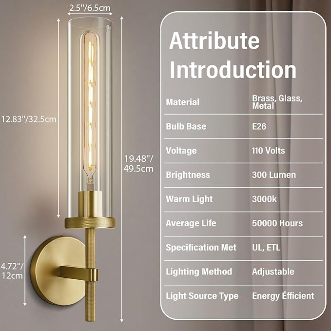 Antique Gold Wall Sconce 19.48" Modern Luxe Wall Lighting with Clear Glass Tube, Living Room Bedroom Bathroom Mirror Sconces, Staircase Decor Hallway Lamp Fixture(Including Bulb)