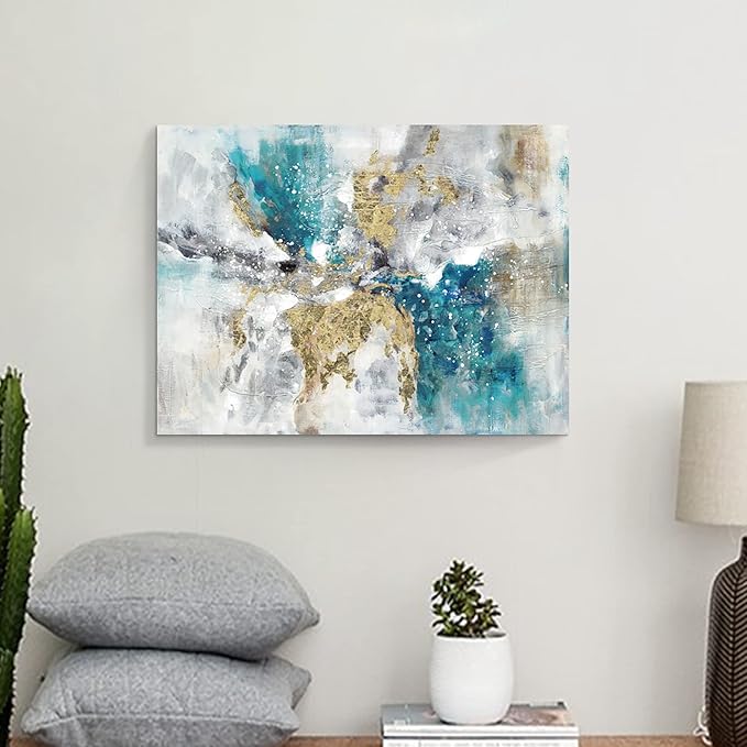 Abstract Teal Blue Canvas Wall Art: Gray White Colorful Minimalist Artwork Modern Glitter Gold Foil Painting for Bedroom