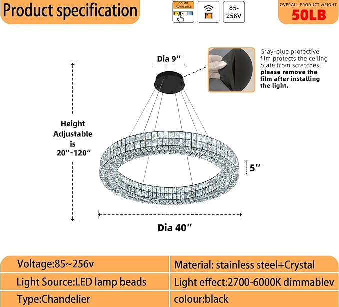 Modern Large LED Ring Chandelier Dimmable Crystal Chandeliers for Dining Room Living Room Entryway Staircase(2700K-6000k, Black 40 inch)