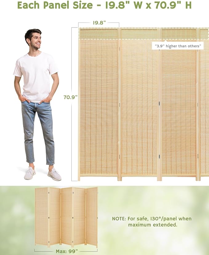 JOSTYLE Room Divider Folding Privacy Screen, 5 Panel Room Dividers 6 ft. Tall Bamboo Partition Wall Separation Dividers Freestanding, 99" W * 70.9" H