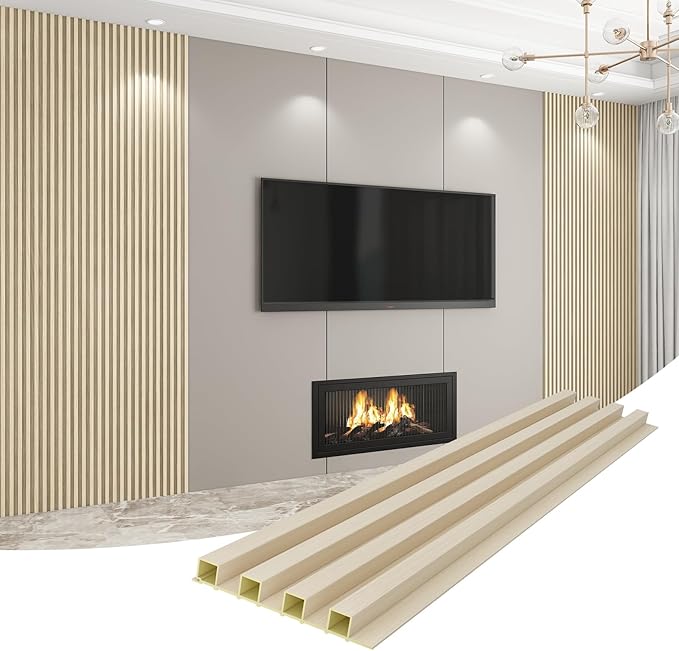 8-Pack WPC Wall Panels 118’’ x 6.1’’ 3D Slat Wall Panel Acoustic Wall Paneling for Interior Wall Decor TV Background Kitchen Bedroom Natural Wood