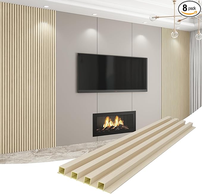8-Pack WPC Wall Panels 118’’ x 6.1’’ 3D Slat Wall Panel Acoustic Wall Paneling for Interior Wall Decor TV Background Kitchen Bedroom Natural Wood