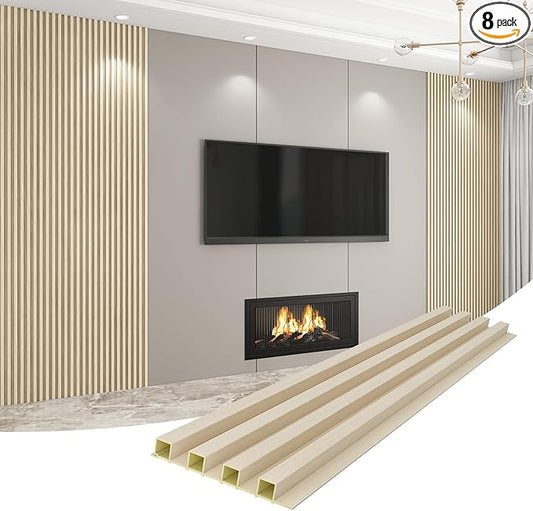 8-Pack WPC Wall Panels 118’’ x 6.1’’ 3D Slat Wall Panel Acoustic Wall Paneling for Interior Wall Decor TV Background Kitchen Bedroom Natural Wood