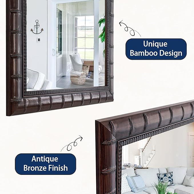 Large Brozne Decorative Mirror for Living Room, 53'' x 29'' Antiuqe Dining Room Mirrors with Bamboo-Joint Frame, Classic Vintage Brozne Wooden Mirror for Entryway, Fireplace, Horizontal/Vertical