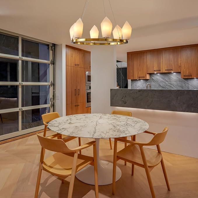 Alabaster Chandeliers, 23" 6-Light Modern Large Chandelier for Living Room with Bulb, Bedroom Wagon Wheel Chandelier, Round Gold Chandeliers for Entryway, Foyer Lighting Fixtures Hanging Light