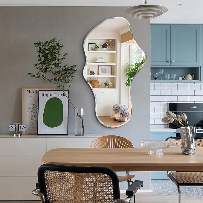 36 x 24 Inch Asymmetrical Cloud Mirror, Modern Irregular Wavy Wall Mirror, Beveled Edge Frameless Mirror for Living Room, Bathroom, Bedroom, Entryway