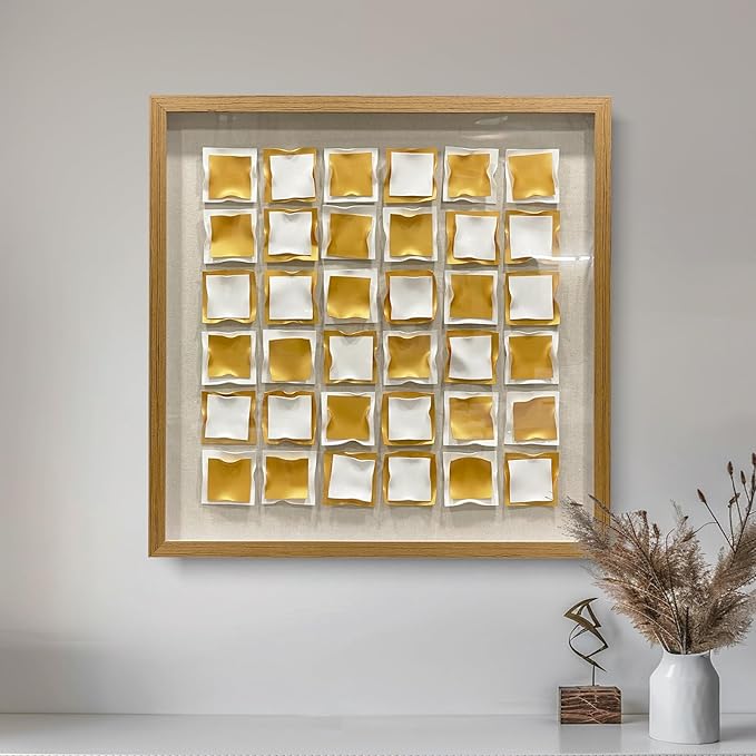 BrightA Gold and White Geometric Wall Sculpture Reflective 3D Textured Panels Brushed Metal Texture with Wave Modern Framed Abstract Art for Bedroom Office Decor 31.5"x31.5"