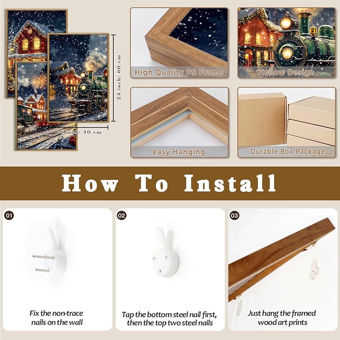 BINCUE Christmas Wall Art Winter Christmas Prints Framed Wall Painting Decor for Living Room Bedroom Dining Room 16x24 Inch Set of 3