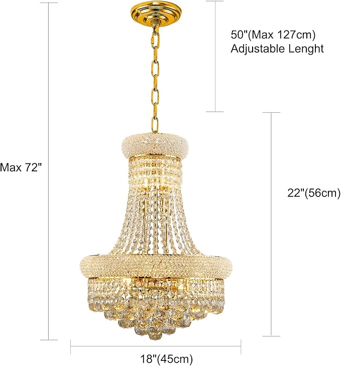 10 Lights Gold Finish Empire Crystal Chandelier Lighting for Dining Room Living Room Foyer Hallway Bedroom Entryway (Dia 18'')