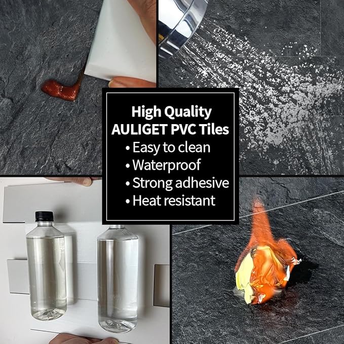 AULIGET 6" x 12" Black Slate Peel and Stick Backsplash Wall Tiles, PVC Faux Stone Stick on Tiles for Backsplash Kitchen, Bathroom, Laundry Room, Camper, Fireplace (Pack of 20)