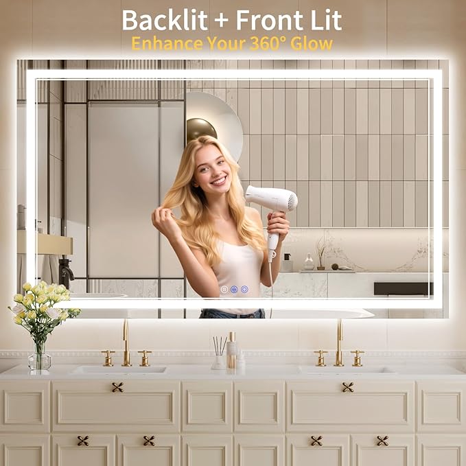 36"x60" LED Bathroom Mirror with Lights, Anti-Fog, Backlit + Front Lit, Dimmable, Led Vanity Mirror for Wall, 3 Colors, Memory Function, Shatter-Proof Tempered Glass