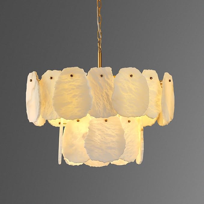 23" Alabaster Round Chandelier, 2-Tiers Natural Brass Alabaster Chandeliers, Luxury Modern White Marble Chandeliers for Living Room, Dining Room, Bedroom, Foyer, Entryway, Bathroom, Kitchen