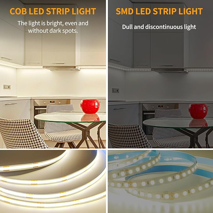 COB LED Strip Lights 50ft,3000K DC 24V Dimmable Warm White Flexible LED Rope Lights for Bedroom,with Remote and app Control LED Lights Strip for Living Room, Shelf, Cabinet