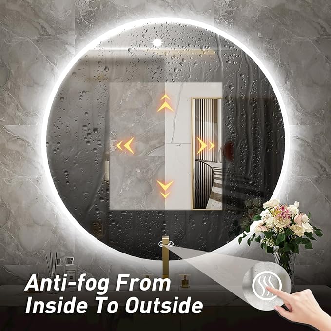28 Inch Round LED Bathroom Mirror - 6000K Daylight Backlit, Anti-Fog & Dimmable, Frameless Waterproof Mirror with Touch Control, CRI90+, IP54 for Vanity & Makeup