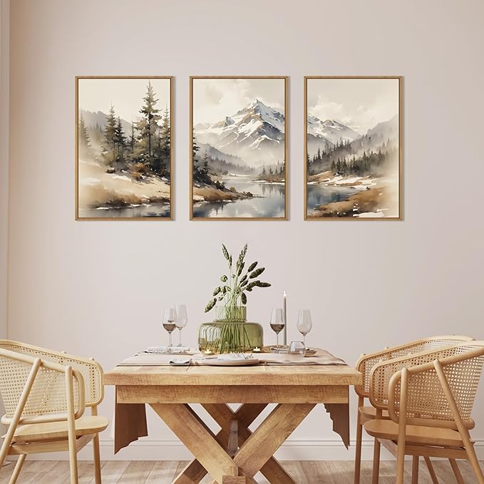 Ausril Watercolor Misty Mountain Framed Canvas Wall Art Set, Foggy Pine Tree Wall Decor, Winter Landscape Wall Painting, Nature Snowy Scene Art Print for Living Room, Bedroom, Office - 24"X36"X3