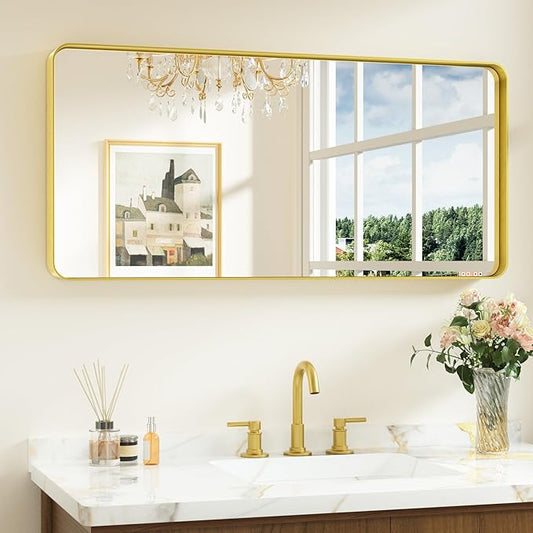 Keonjinn Gold Bathroom Mirrors for Wall 42” x 20” Large Rounded Rectangle Gold Vanity Mirror, Brushed Brass Mirror with Metal Frame, HD Tempered Glass, Decorative Farmhouse Mirror(Horizontal/Vertical)