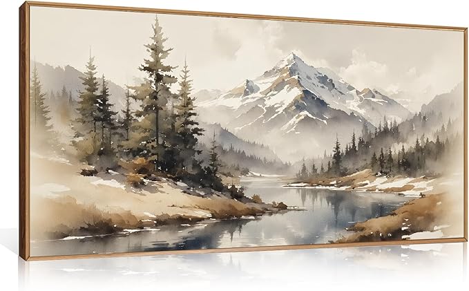 Ausril Watercolor Misty Mountain Framed Canvas Wall Art Set, Foggy Pine Tree Wall Decor, Winter Landscape Wall Painting, Nature Snowy Scene Art Print for Living Room, Bedroom, Office - 20"X40"