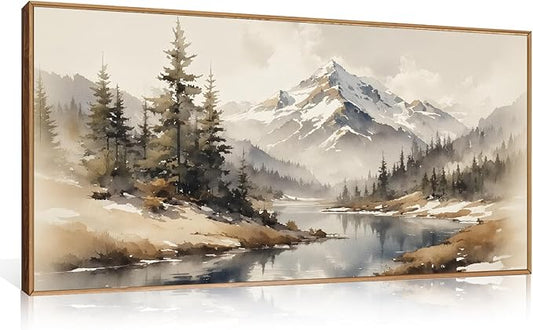 Ausril Watercolor Misty Mountain Framed Canvas Wall Art Set, Foggy Pine Tree Wall Decor, Winter Landscape Wall Painting, Nature Snowy Scene Art Print for Living Room, Bedroom, Office - 20"X40"