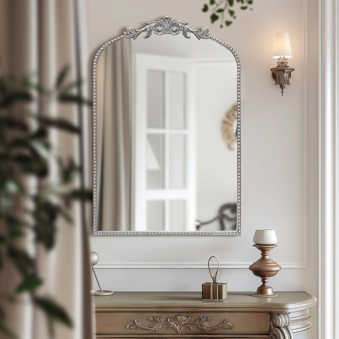 Antique Silver Arch Wall Mirror, 24"x36" Traditional Vintage Mantel Mirror with Ornate Metal Frame, Baroque Victorian Mirror for Fireplace/Entryway/Bathroom/Living Room/Hallway