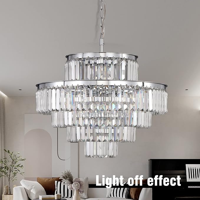 Chrome Modern Style Crystal Chandeliers & LightsRound Hanging Classic, Pendant Ceiling Chandelier Lighting Fixture 5-Tier for Dining Room Living Room(Chrome,24 inch)