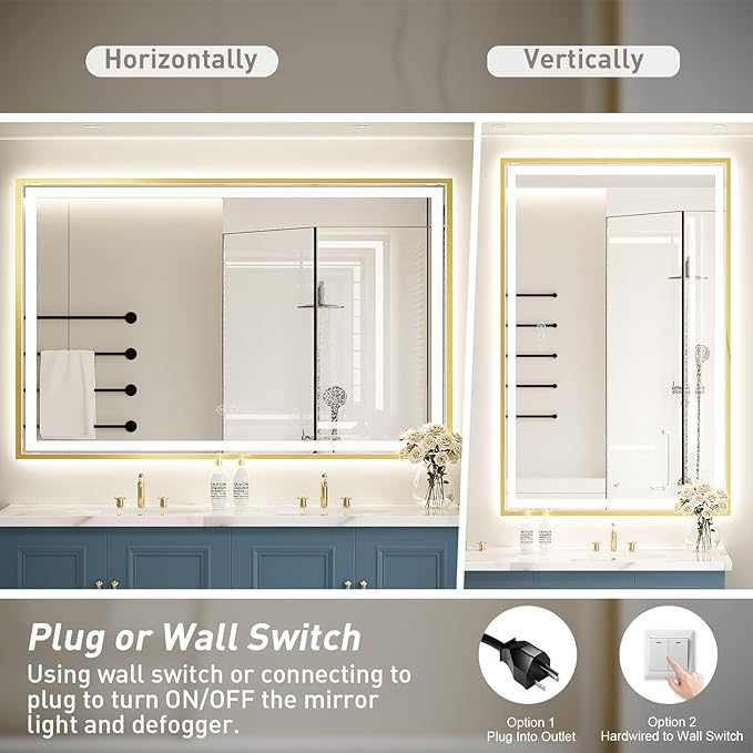 55X36 Inch Led Bathroom Mirror,Frontlit and Backlit Lighted Mirror,Gold Metal Frame Vanity Mirror for Wall,Double Lights Strips,Anti Fog Stepless 3 Colors Temperature & Dimmable