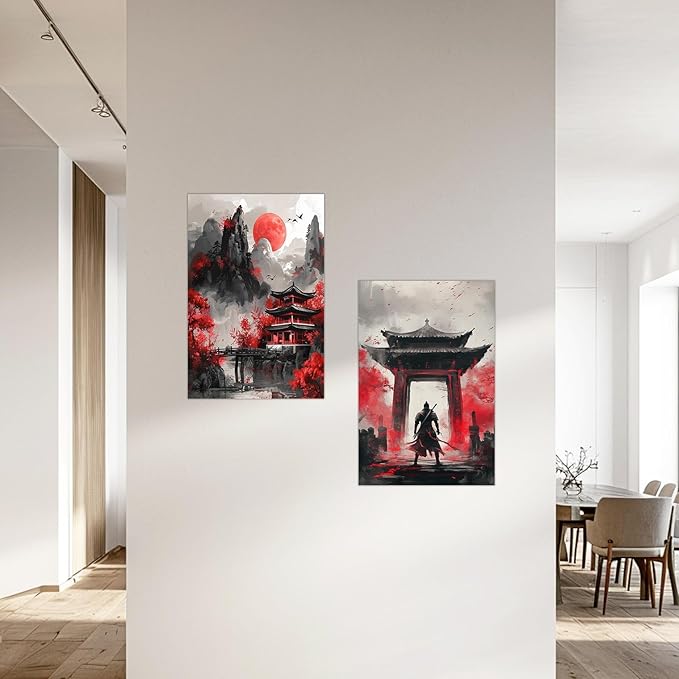 SWQYLB Japanese Wall Art 2 Piece Samurai Art Wall Decor Japanese Landscape Pictures Canvas Prints Asian Oriental Home Decor Framed (Red, (20"x30"x2 Pieces))