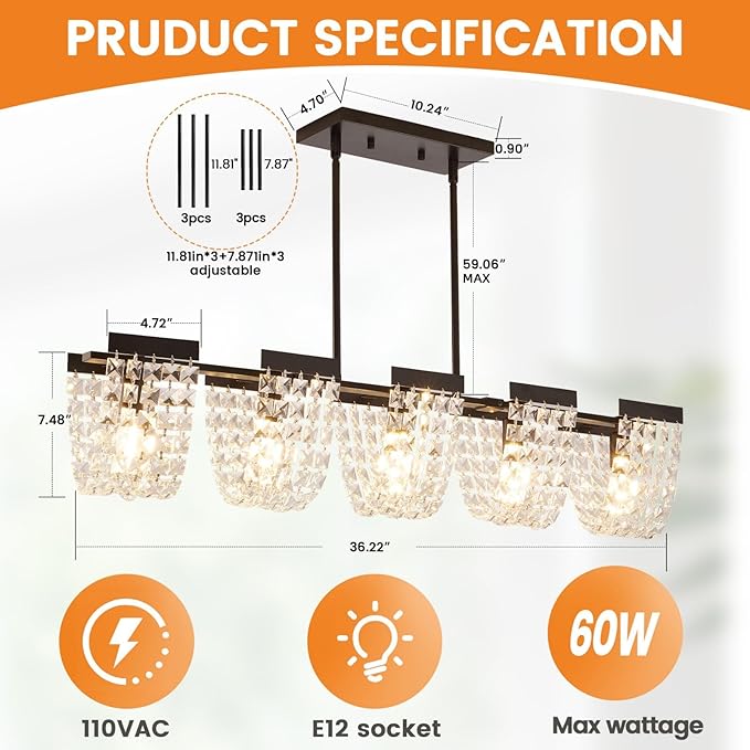 36" Black Chandelier, 5-Light Crystal Chandeliers for Dining Room, Modern Dining Room Light Fixture, Farmhouse Kitchen Island Lighting, Vintage Hanging Pendant Lights, Dining Chandelier Over Table