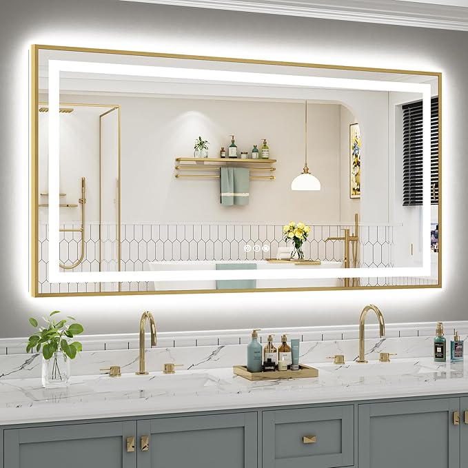 66x36 Inch LED Bathroom Mirror with Gold Frame, Backlit & Front Lit, Anti-Fog Lighted Bathroom Vanity Mirror for Wall, Memory Function, Dimmable, HD Tempered Glass, Shatter-Proof