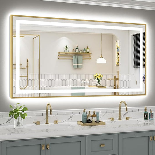 66x36 Inch LED Bathroom Mirror with Gold Frame, Backlit & Front Lit, Anti-Fog Lighted Bathroom Vanity Mirror for Wall, Memory Function, Dimmable, HD Tempered Glass, Shatter-Proof