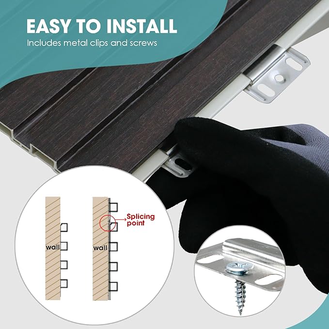 OUZUGIE WPC Acoustic Slat Wall Paneling, 8-Pack 114 x 6 Inches 3D Wall Panels for Interior Wall Decor,Living Room,TV Background,Study Room,Office Spaces,Bedroom,Low Grille (Walnut)