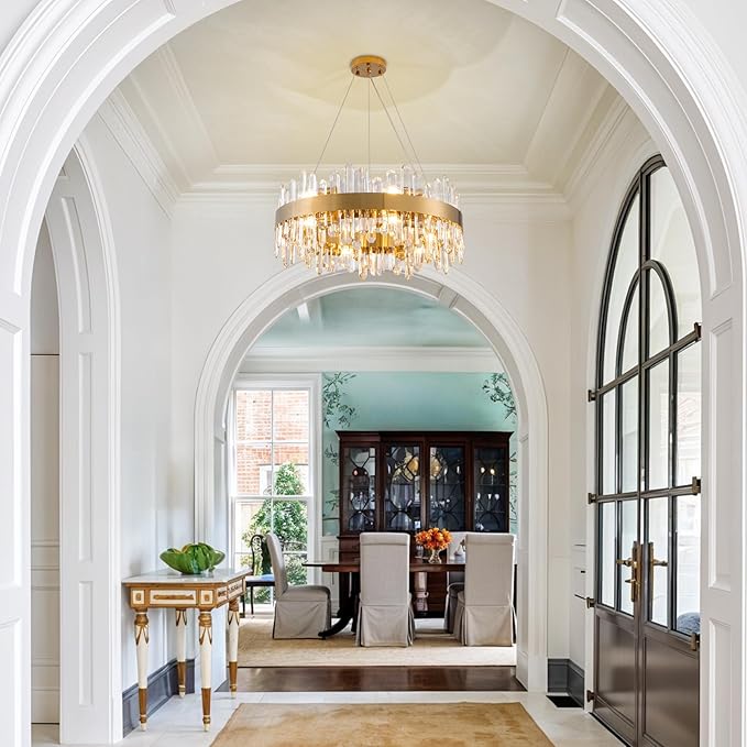 Modern Crystal Chandelier,Luxury Round 2 Tiers K9 Crystal Chandelier, 12-Light Brass Gold Round Flush Mount Ceiling Light Fixture for Dining Room Kitchen Foyer,D 23.6"