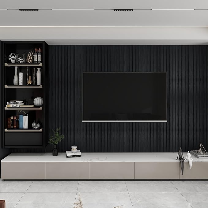 KASARO 3D Faux Wood Wall Panels - 16 Pack (47.2"x4.8") Fluted Slat Paneling for Walls & Ceilings, Adhesive or Nail Install, Waterproof Textured Decor - Living Room, Bedroom, Black