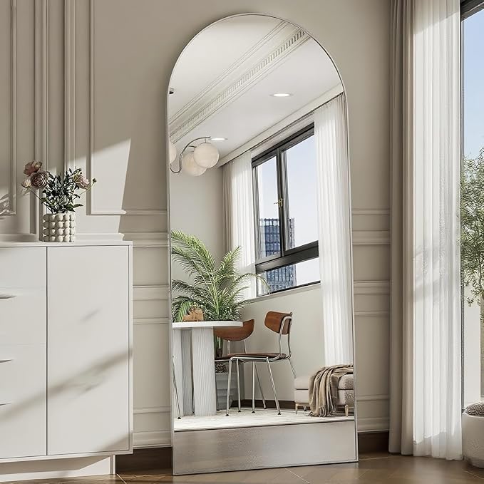 Arched Full Length Mirror, 64"*21" Large Floor Mirror, Full Body Mirrors for Leaning or Hanging, Standing Mirrors for Bedroom, Living Room,Dressing Room, Aluminum Alloy Frame, Silver